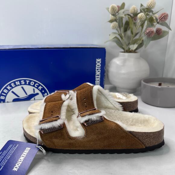 Birkenstock Arizona Suede Shearling Lined Slide Mink Women 7/Men 5/EU38 Narrow - Picture 3 of 10